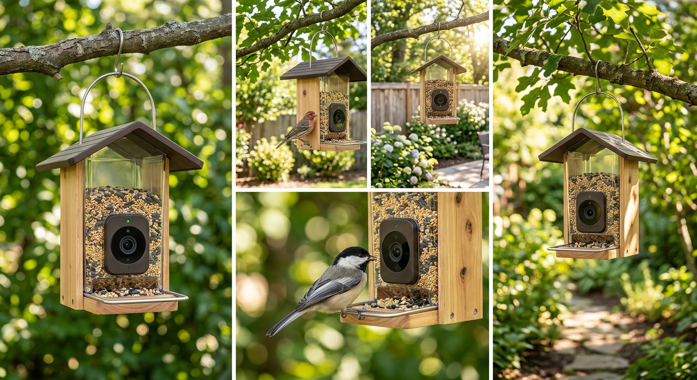NestView feeder in the garden with cardinals and chickadees visiting